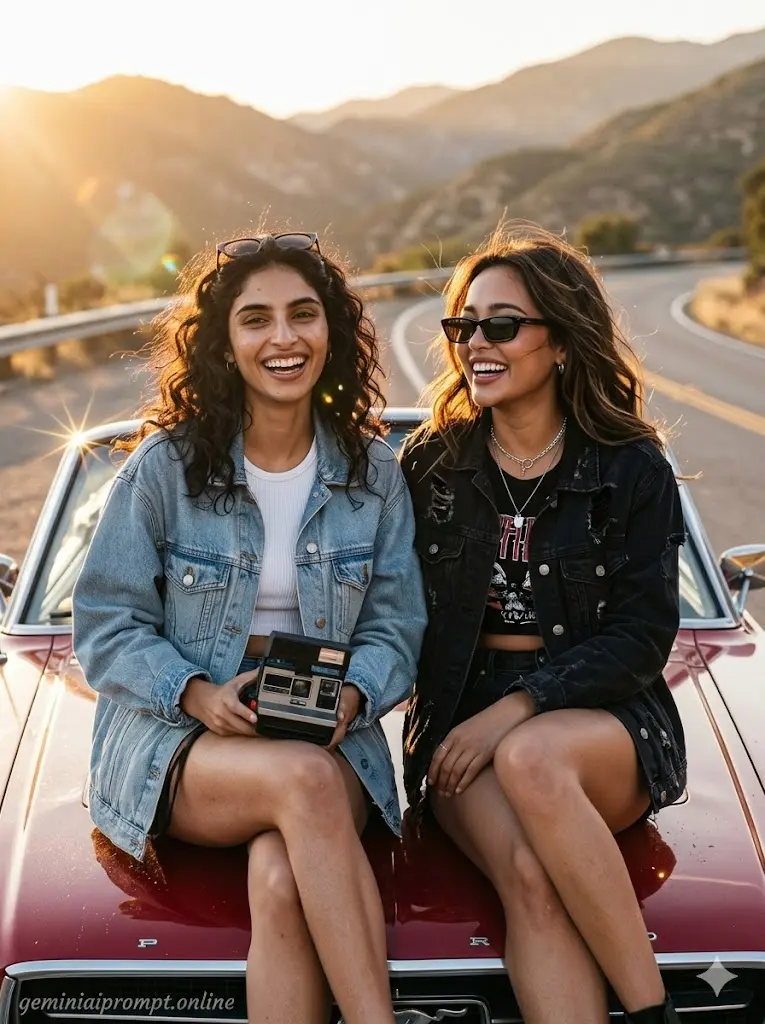 Gemini AI Best Friends Photo Prompts 2026 for Girls Vintage Car Girls Roadtrip Portrait Cinematic vintage car roadtrip portrait of stylish girl best friends with sunset lighting, casual denim outfits, and realistic Pinterest-inspired friendship aesthetic.