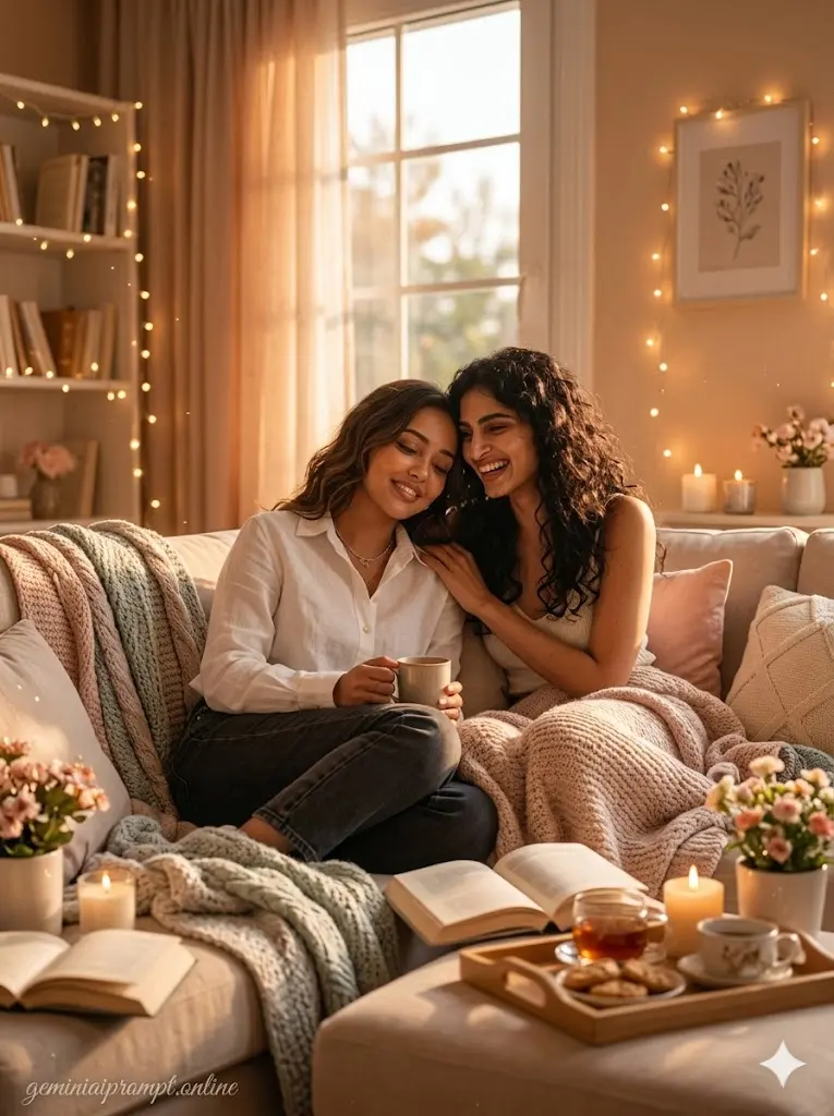 Gemini AI Best Friends Photo Prompts 2026 for Girls Warm Cozy Friendship Aesthetic For Girls Warm cozy girls friendship aesthetic with fairy lights, soft golden lighting, emotional bonding, and wholesome best friends atmosphere.