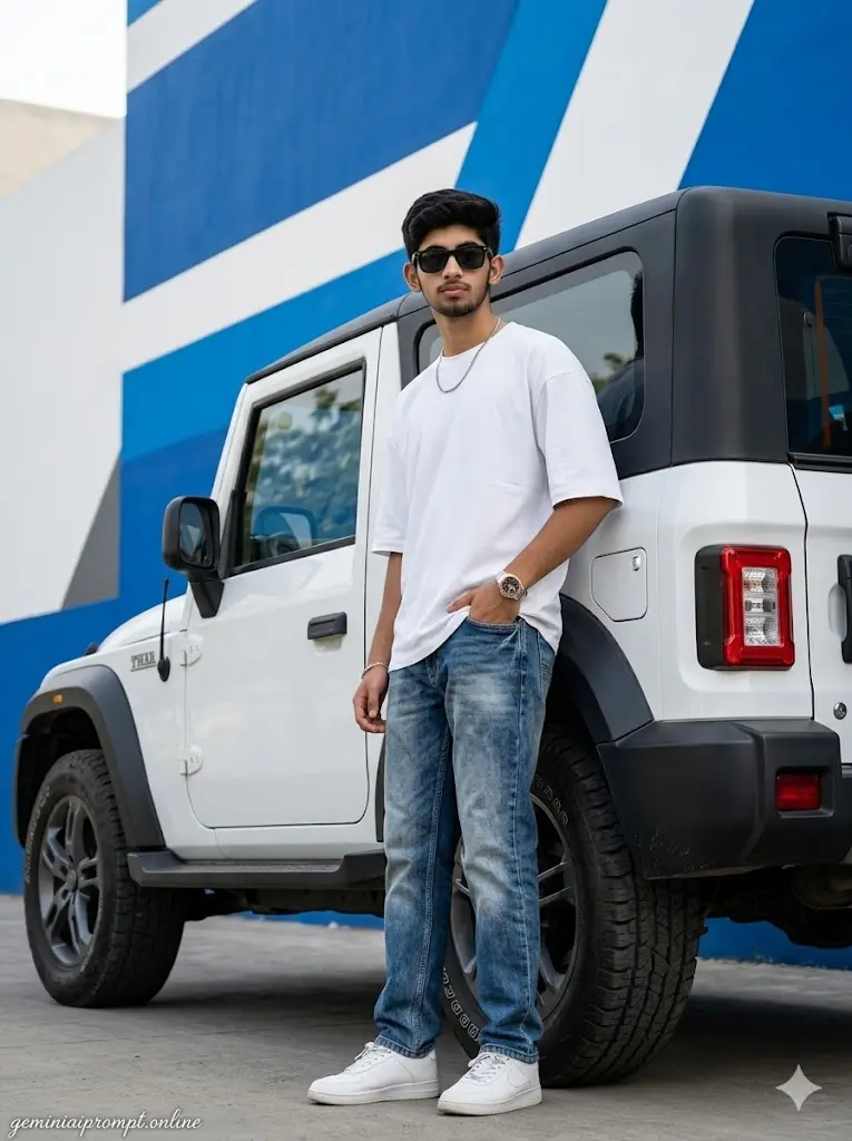 Ultra realistic white Mahindra Thar lifestyle portrait featuring a stylish man in casual outfit standing confidently beside a luxury SUV with clean modern architecture background.