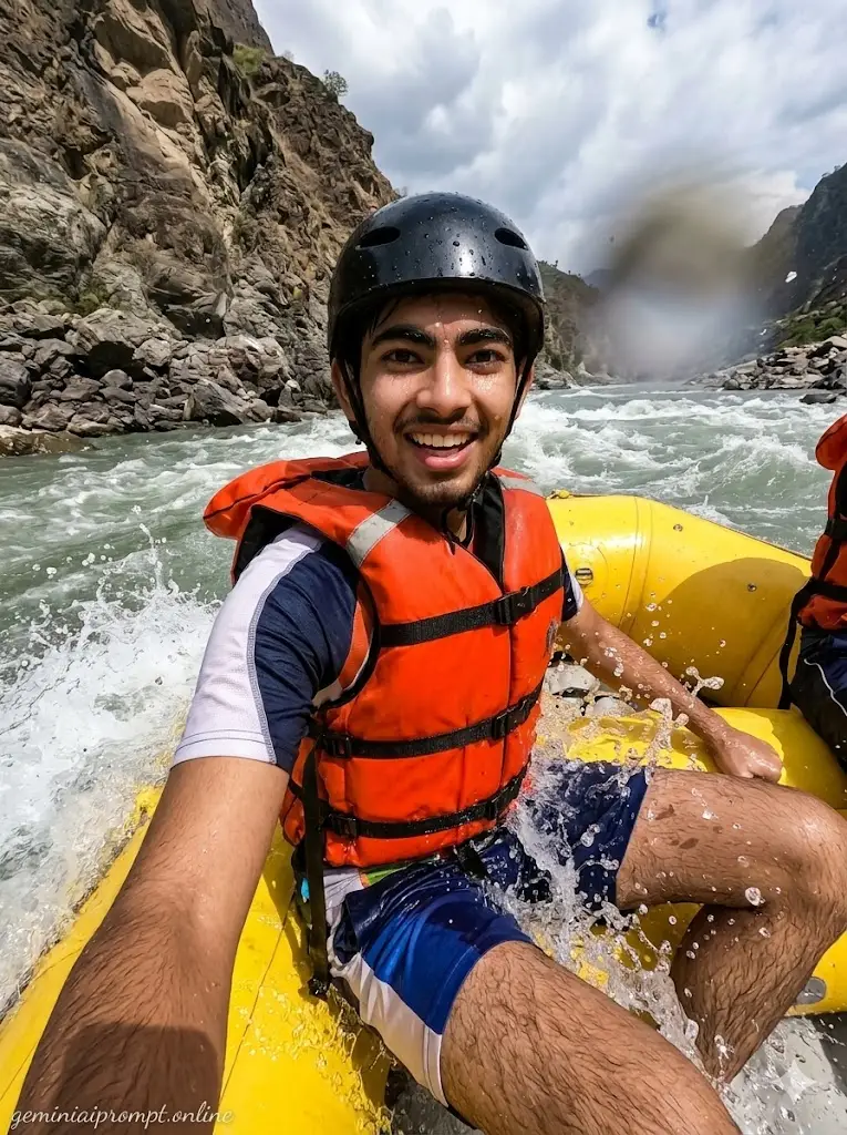 Boy river rafting portrait in white water rapids wearing orange life jacket and helmet beside inflatable raft with realistic adventure photography style