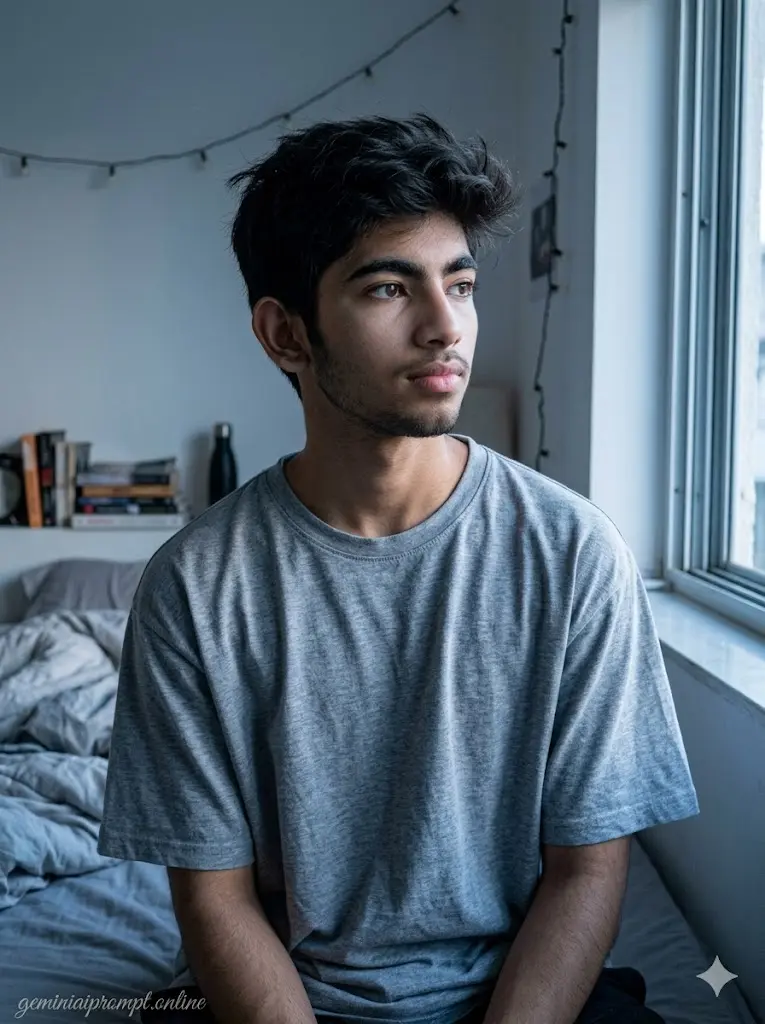Best Gemini Prompts for Boys To Get Cinematic Results Window Light Bedroom Aesthetic bedroom window portrait of a boy in oversized t-shirt with soft morning lighting and realistic candid Gemini AI photo style.
