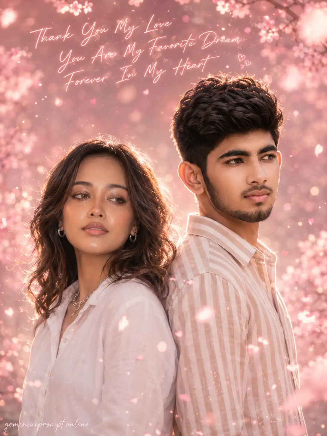 Prompt Seen New Instagram Trend Prompt For Girl dreamy portrait A dreamy romantic portrait of a young couple standing back to back in a magical pink cherry blossom setting. The woman, wearing a white shirt, looks softly toward the left with a gentle expression, while the man, wearing a light striped shirt, gazes thoughtfully toward the right. A warm hidden backlight creates a glowing halo around their hair and silhouettes, enhancing the fairytale atmosphere. The scene is filled with floating pink petals, sparkling bokeh lights, glowing particles, and soft pastel tones. Elegant handwritten pink text above them reads “Thank You My Love,” “You Are My Favorite Dream,” and “Forever In My Heart.” The image has a cinematic, wedding-inspired aesthetic with a soft pink color palette and a romantic, dreamy mood.