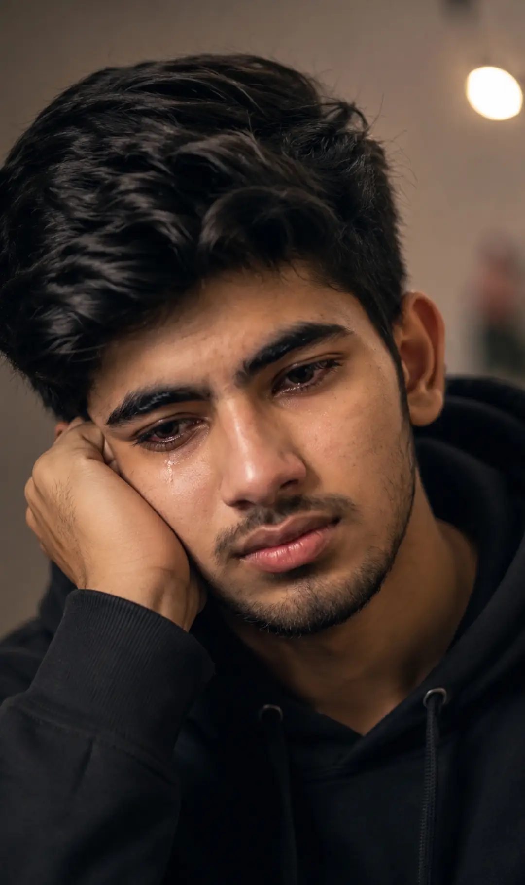 Emotional crying portrait of a young man in black hoodie with realistic tears, cinematic sad expression, moody indoor lighting, close-up DSLR photography, soft bokeh background, heartbroken aesthetic portrait in ultra HD.