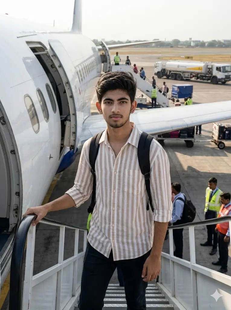 Realistic travel photo of a person standing on airplane boarding stairs at an airport runway with a visible aircraft door, ground vehicles, and natural outdoor lighting.