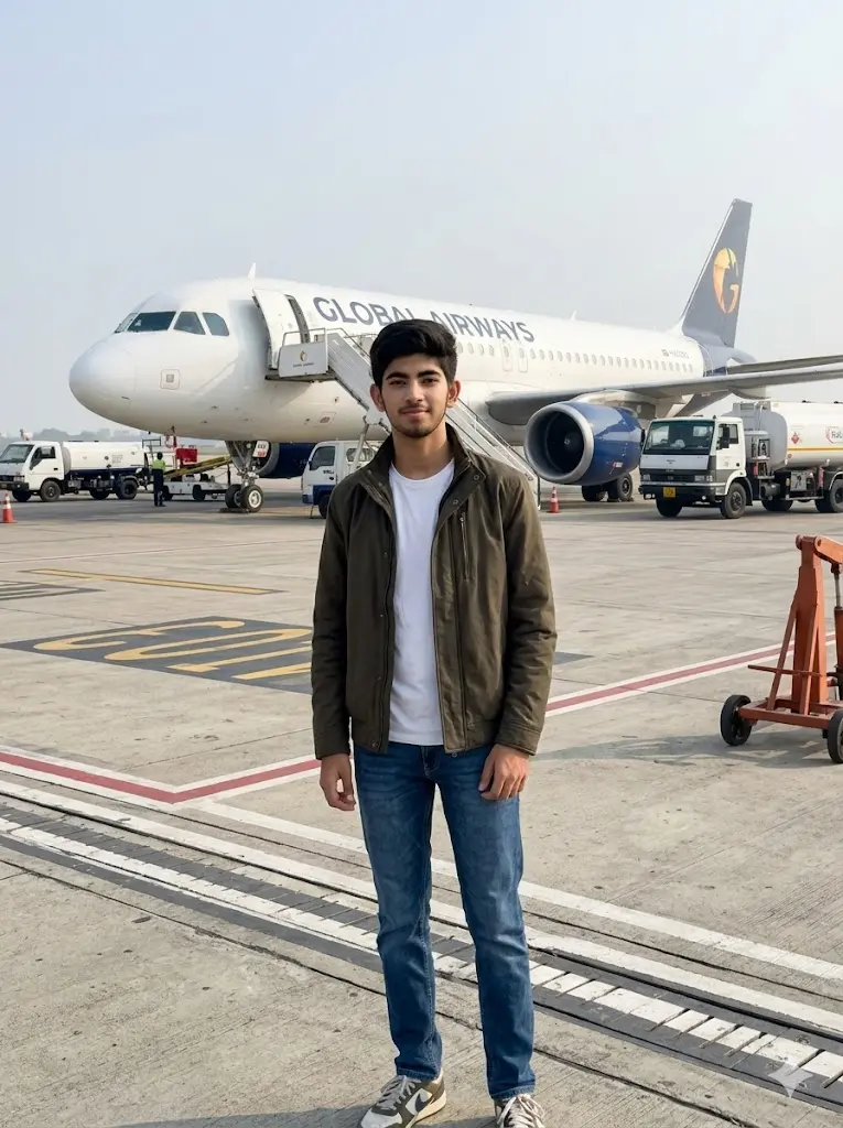 Realistic AI airport runway portrait of a person standing in front of a passenger airplane on the tarmac with natural daylight, clear face, travel outfit, and realistic aviation background details.