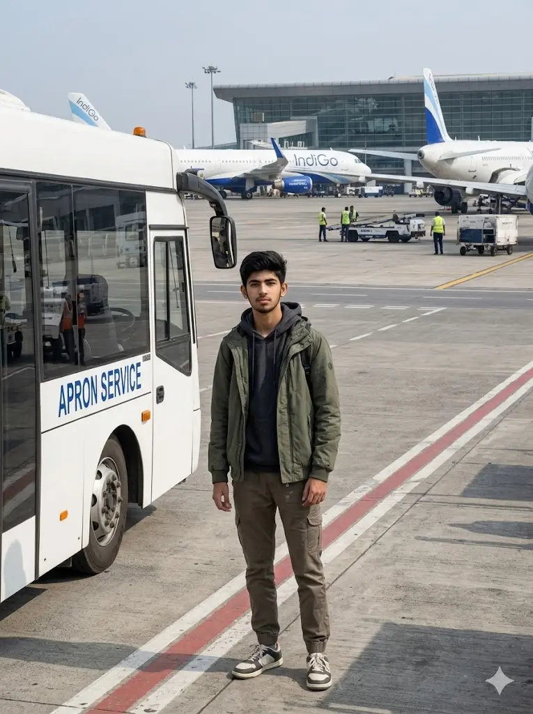 Realistic airport runway portrait showing a person standing beside an airport shuttle bus with passenger planes, runway equipment, and natural daytime surroundings.