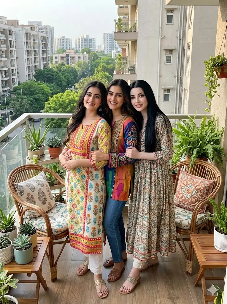 Three female friends taking a casual balcony group photo with plants and urban background using Gemini AI prompt