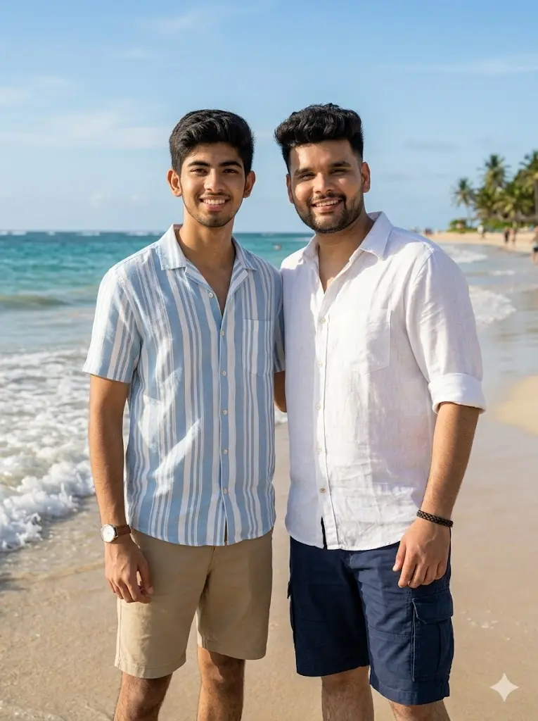 Two male friends standing near the beach wearing summer clothes, realistic Gemini AI vacation photo edit