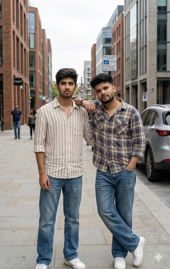 Two best friends standing together on a modern city street wearing casual outfits, realistic Gemini AI friendship photo edit with natural lighting