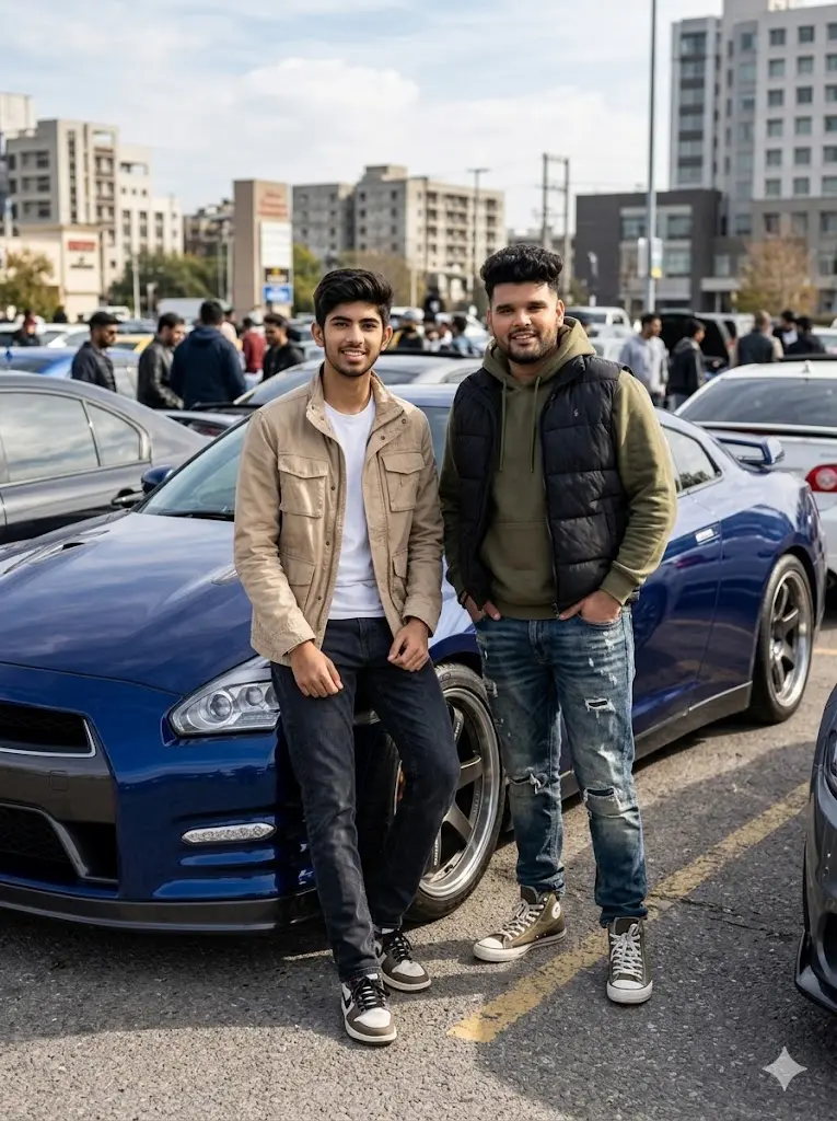Two friends posing beside a stylish car at an outdoor car meet, realistic Gemini AI automotive friendship portrait