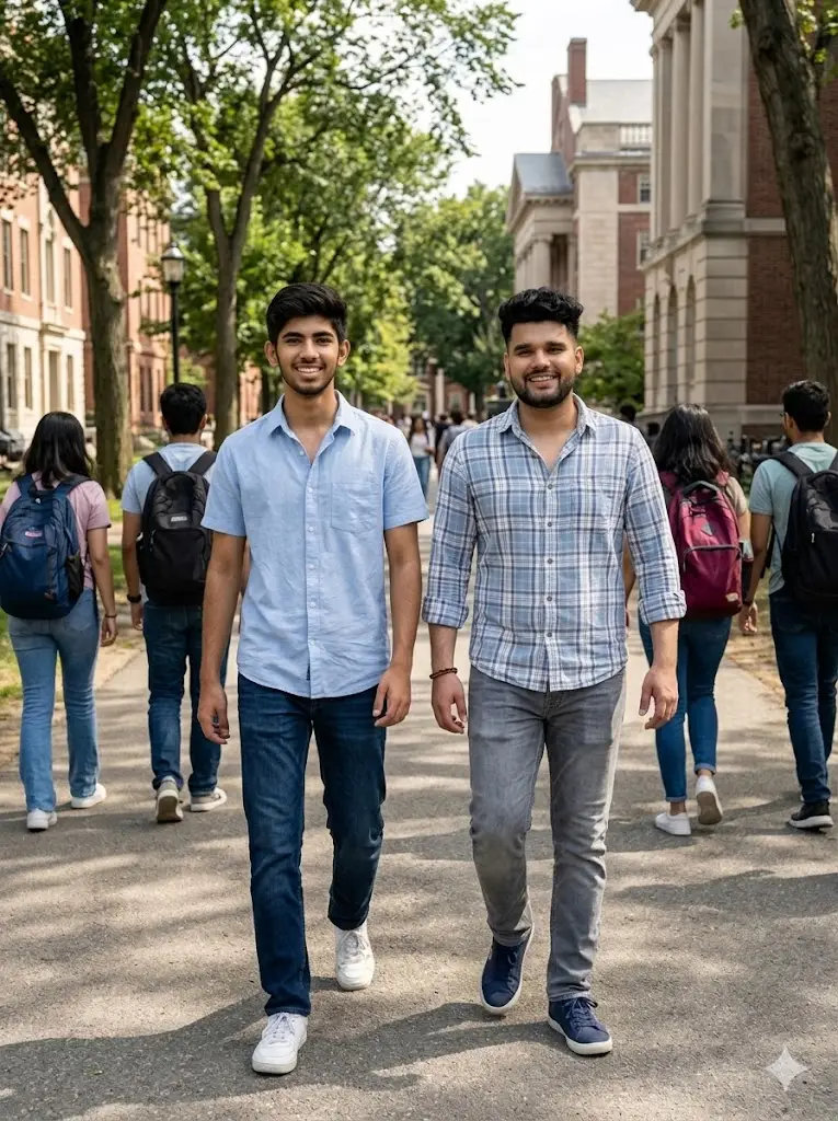 Two male friends walking together on a college campus, casual clothing, realistic Gemini AI lifestyle photo transformation