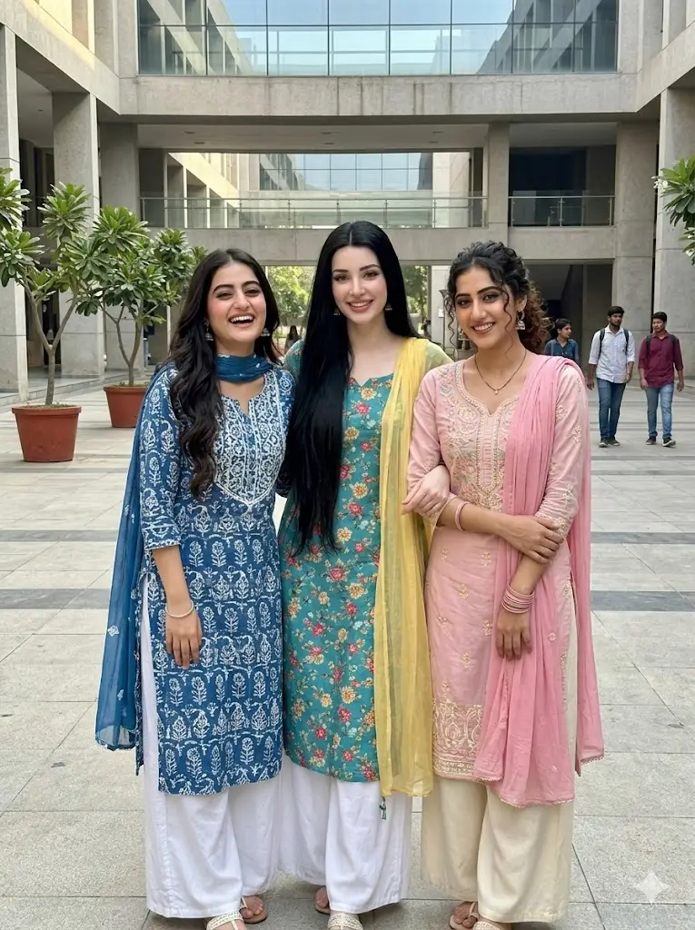 Three Indian girls wearing casual ethnic outfits standing together in a college campus friendship portrait created with Gemini AI photo editing prompt
