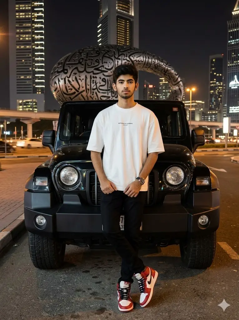 Young man posing confidently in front of a black Mahindra Thar at night in Dubai, with the Museum of the Future and illuminated skyscrapers in the background. Luxury urban lifestyle portrait featuring city lights, premium street photography, stylish casual outfit, and cinematic nighttime atmosphere.