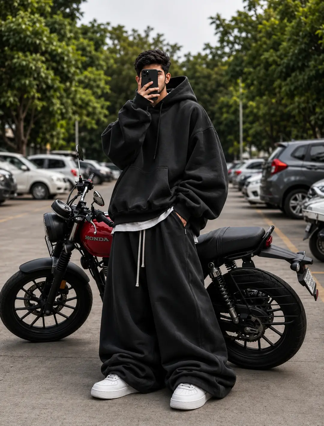 Prompt Seen New Instagram Trend Prompt For Boy Extreme Loose Outfit Photo A stylish young man stands in front of a red Honda motorcycle in an outdoor parking lot surrounded by parked cars and green trees. He wears an extremely oversized black streetwear outfit featuring a massive hoodie with exaggerated sleeves and ultra baggy wide-leg sweatpants that pool heavily around oversized white sneakers. His face is partially hidden behind a smartphone held in front of him, creating a trendy mirror-selfie-inspired fashion pose. The image has a high-end luxury streetwear aesthetic with realistic fabric folds, detailed textures, soft natural lighting, and a shallow depth of field that keeps the focus on the oversized outfit and urban fashion vibe