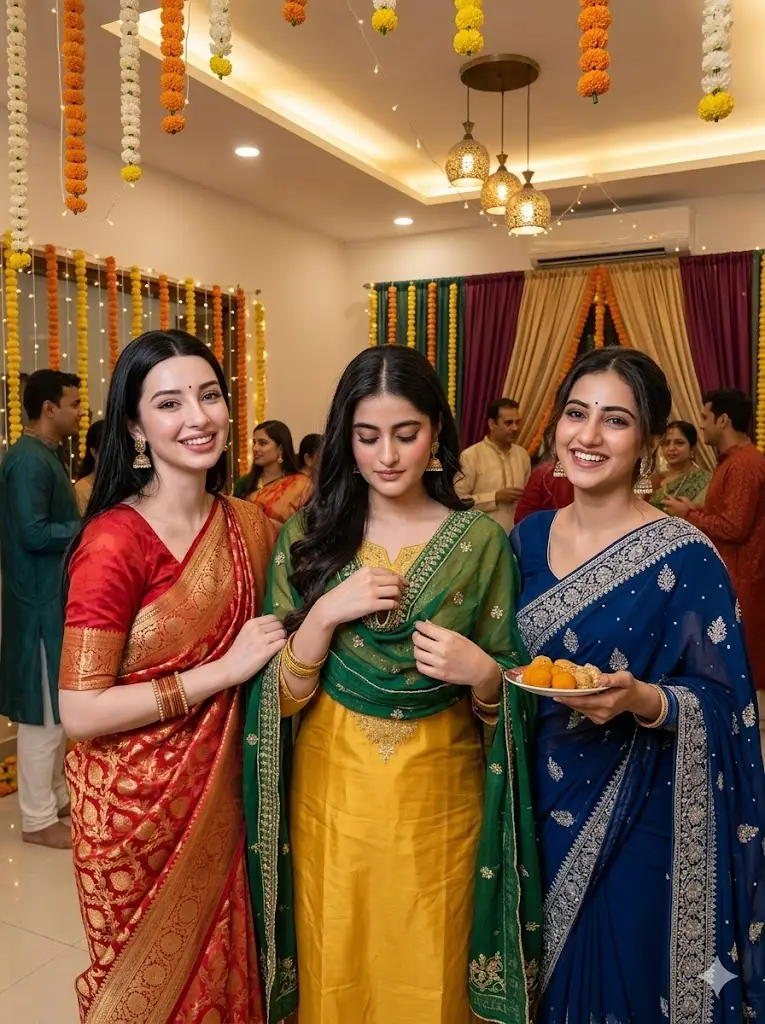 Three girls celebrating a festive Indian occasion wearing traditional outfits in a realistic AI-generated friendship portrait