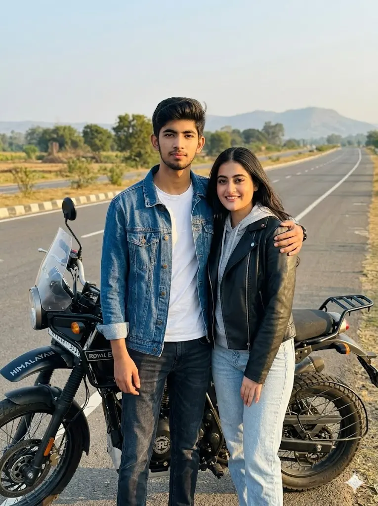 Highway Sunset Couple Bike Stop Portrait