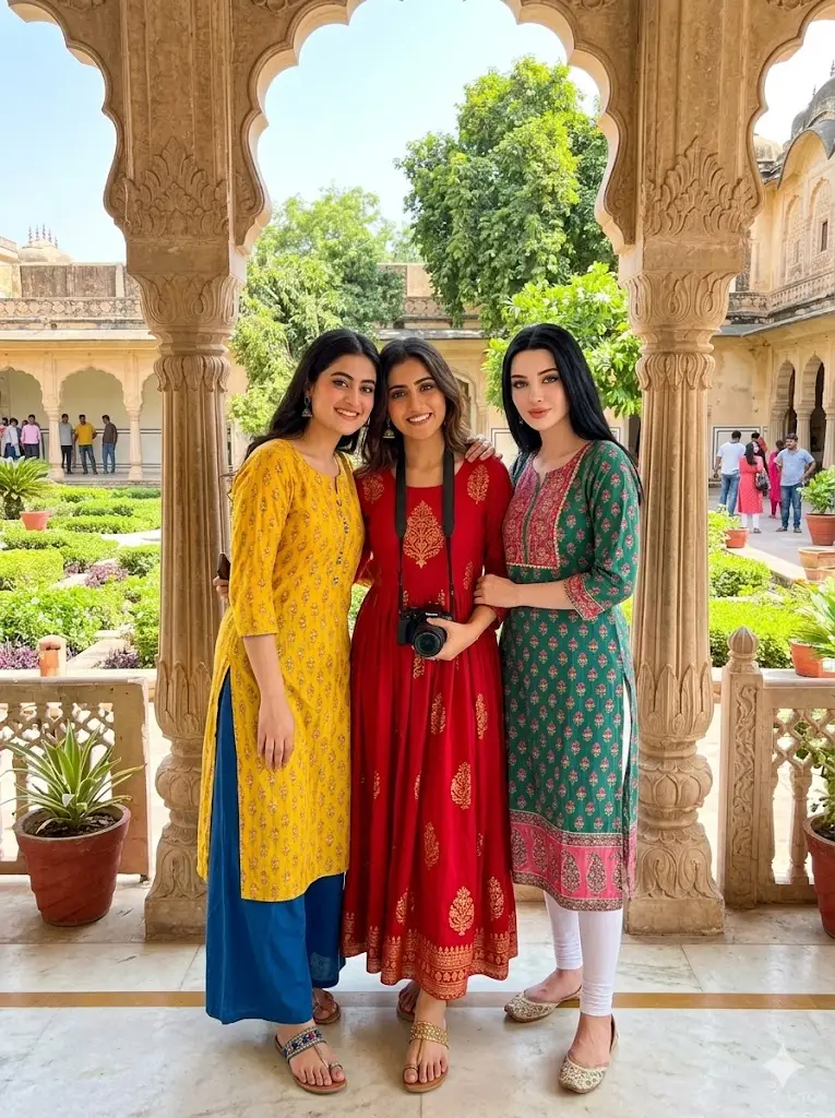Three Indian girls enjoying a vacation together at a beautiful travel location with summer ethnic outfits and AI photo editing