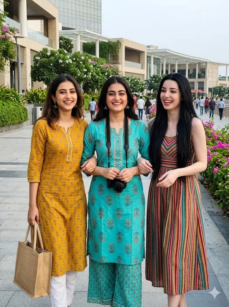 Three best friends on a girls trip wearing vibrant Indian summer outfits in a realistic AI-generated friendship photo