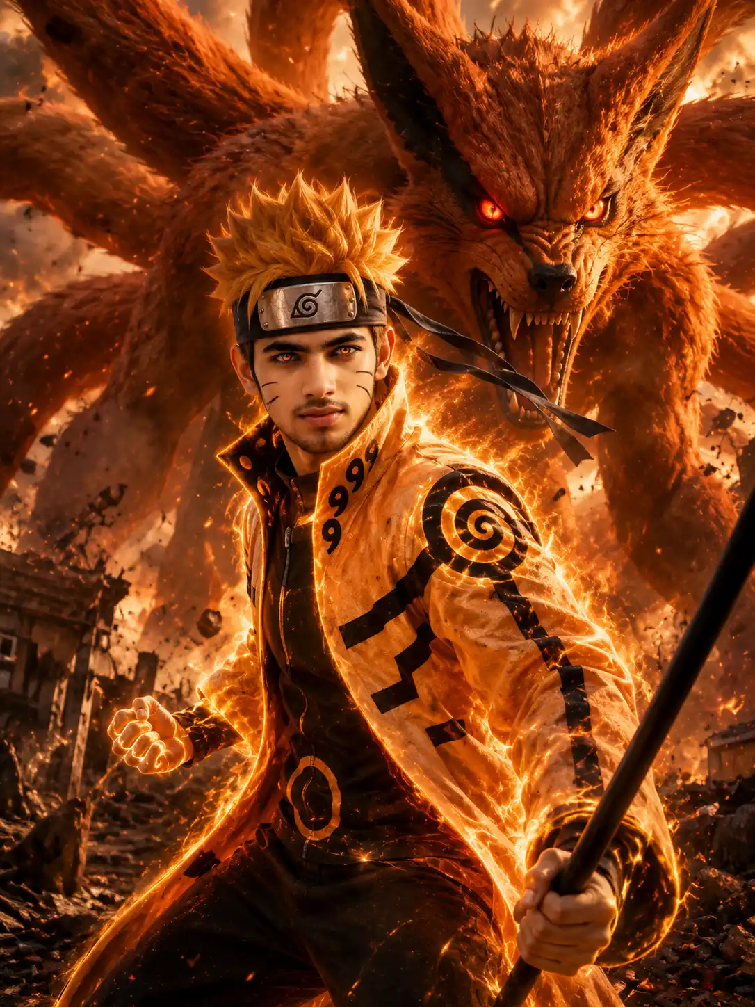 10 Gemini Naruto Prompts That Turn Your Photo Into Ultra Realistic 4K Naruto in Seconds Naruto Uzumaki in his powerful Nine Tails Chakra Mode A young man transformed into a live action Naruto inspired warrior stands in a dramatic battle stance on a destroyed battlefield filled with rubble, dust, sparks, and glowing embers. He wears an orange and black chakra cloak with a ninja forehead protector and holds a black combat staff while glowing orange energy surrounds his body. Behind him towers a gigantic roaring Nine Tailed Fox with fiery fur, glowing red eyes, sharp teeth, and massive tails spreading across the sky. The scene is illuminated by intense orange chakra light and cinematic sunset tones, creating an epic anime fantasy atmosphere with powerful energy effects, flying debris, and blockbuster movie style realism.