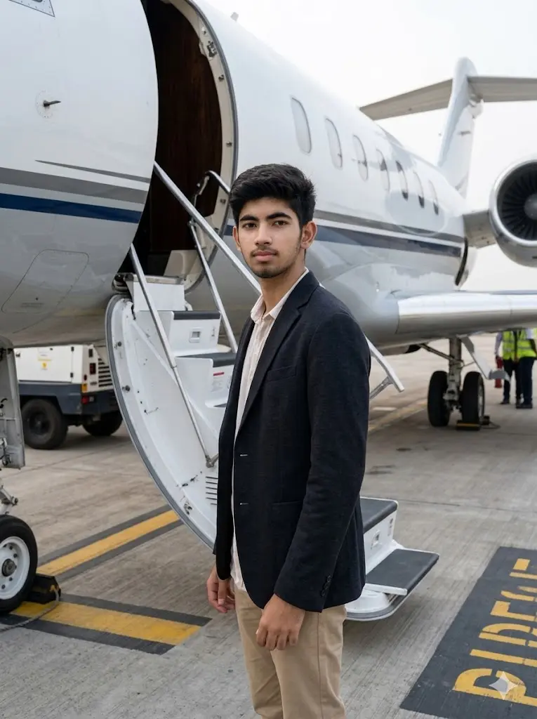 Realistic private jet runway portrait of a person standing beside a private aircraft with visible stairs, airport ground equipment, and natural daylight photography.