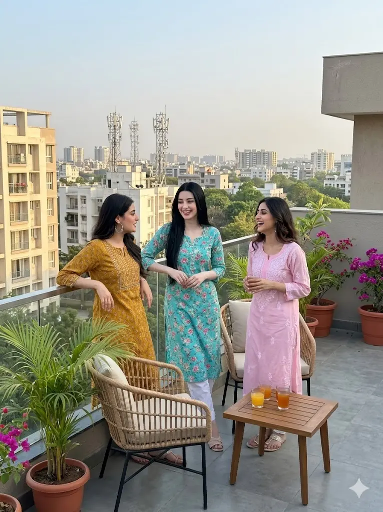 Three Indian friends posing together on a modern rooftop wearing colorful ethnic outfits in a realistic Gemini AI portrait