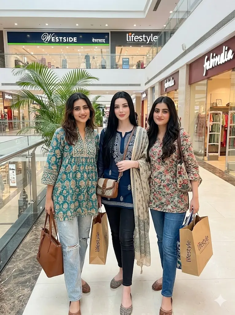Three female friends enjoying a shopping day inside a modern mall wearing trendy Indian casual fashion using Gemini AI photo prompt