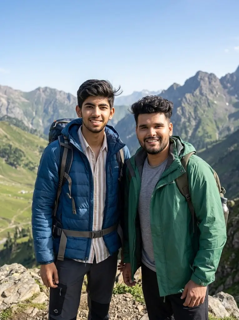 Two male friends posing together on a mountain viewpoint with hiking outfits, realistic Gemini AI travel adventure portrait