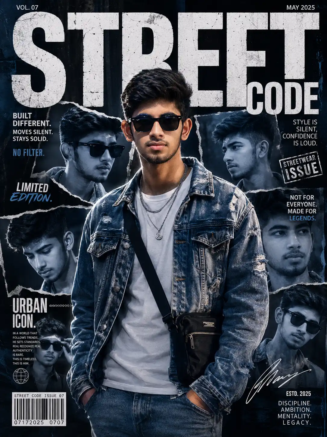 Stylish streetwear magazine cover featuring a man wearing black sunglasses, a white t shirt, distressed blue denim jacket, layered silver chains, and a black crossbody bag. The design includes multiple torn-paper collage portraits of the same person around the cover, bold white "STREET CODE" typography, barcode graphics, editorial text, and a dark blue urban fashion background.