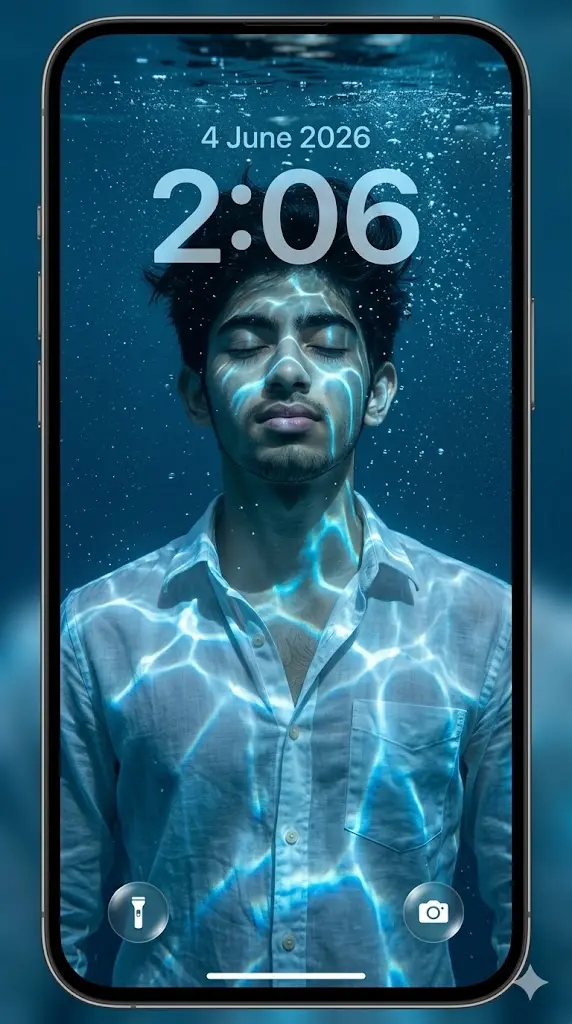 Premium underwater smartphone wallpaper showing a man with closed eyes wearing a white shirt, glowing water reflections across the face and neck, floating bubbles, large 2:06 lock screen clock, and realistic iPhone style lock screen interface