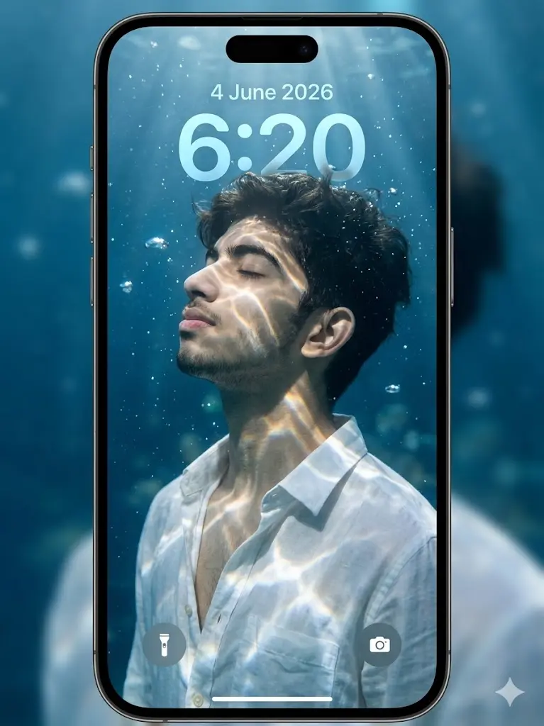 Ultra realistic underwater phone lock screen wallpaper featuring a man in a white shirt with eyes closed, cinematic blue water lighting, shimmering reflections on skin, large 6:20 clock typography, and transparent camera and flashlight icons