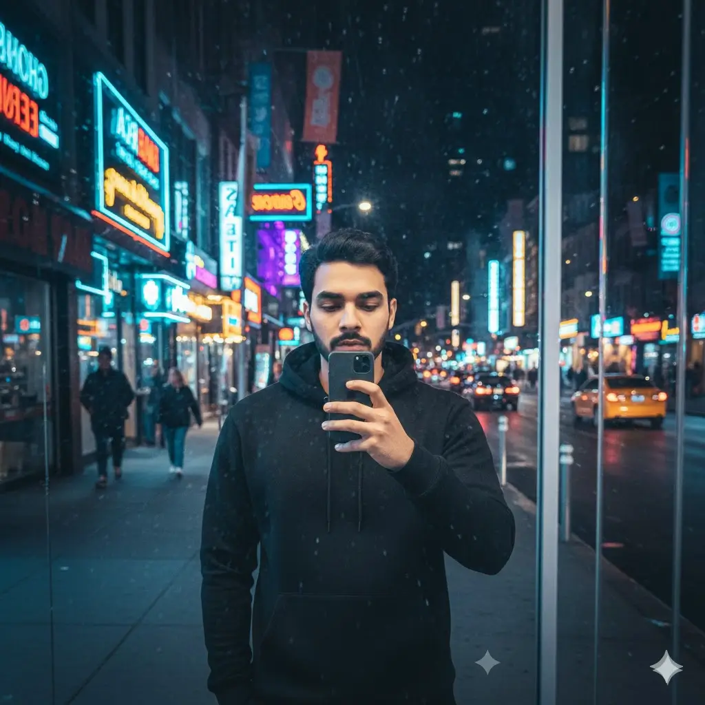 Gemini cyberpunk city Mirror Selfie Prompts for Boys