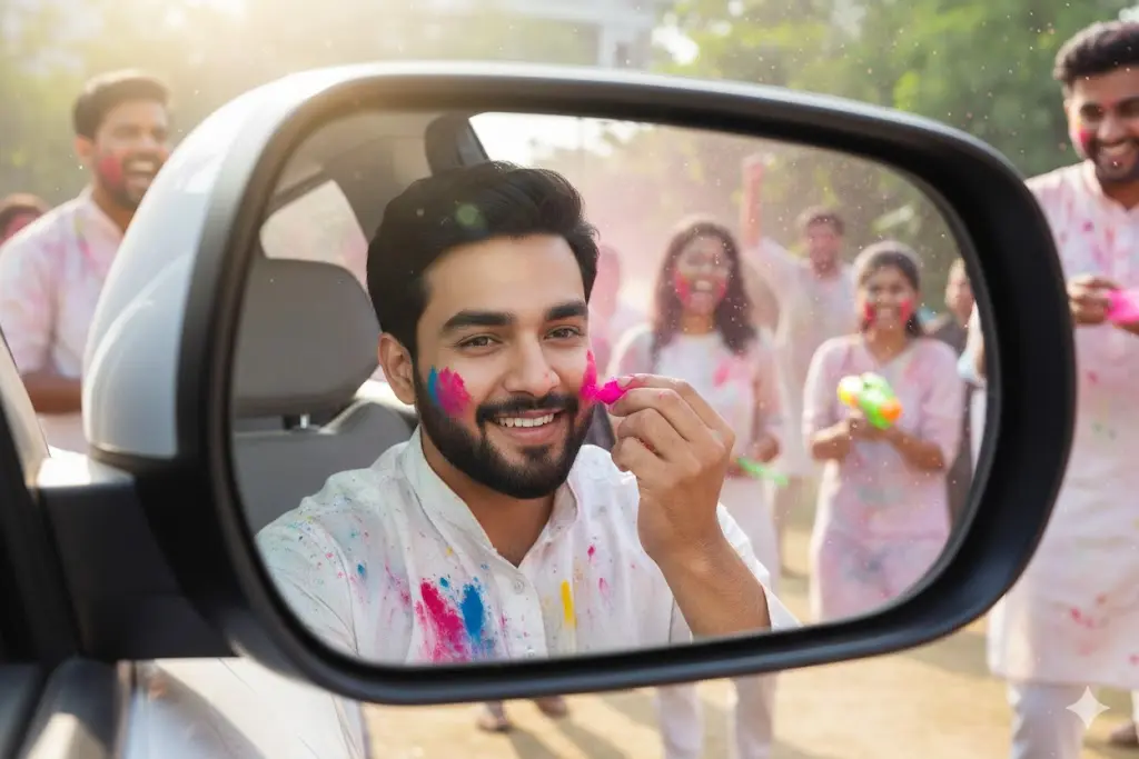 Holi prompt for car mirror selfie