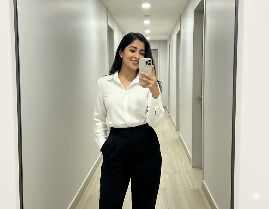 office girl Mirror Selfie Gemini Prompt