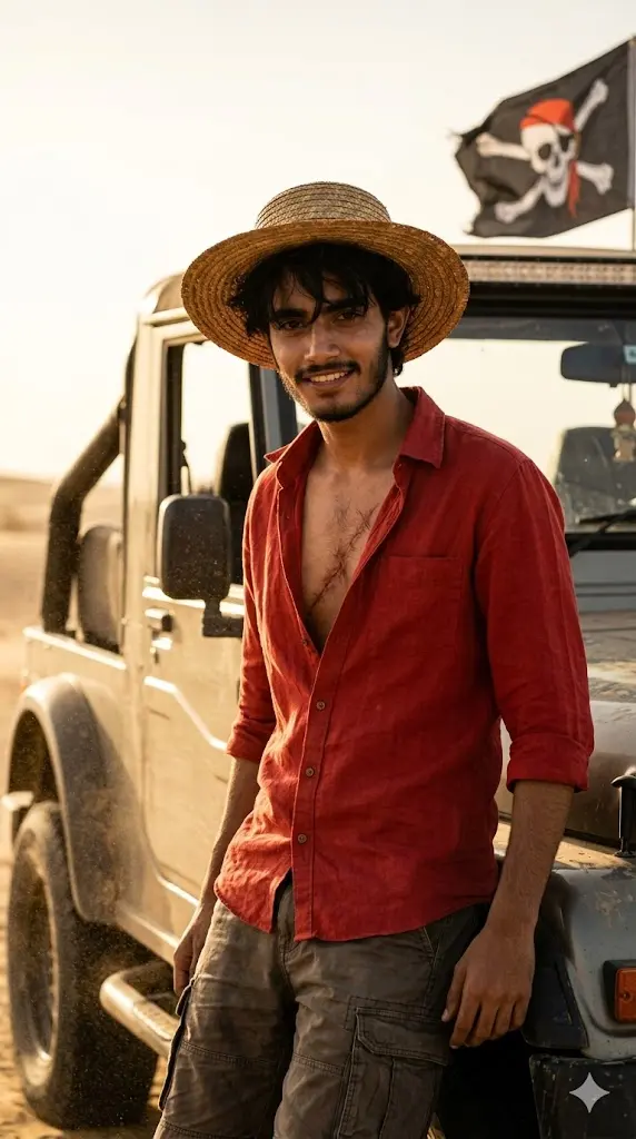 7 Luffy Gemini Prompt Copy Paste: Turn Yourself Into Real-Life Luffy in Seconds! Pirate Captain Desert Car Shot Pirate Captain Desert Car Shot