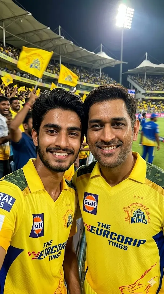 CSK Jersey Gemini Prompt Copy Paste Selfie with Dhoni – Stadium Moment Selfie with Dhoni – Stadium Moment