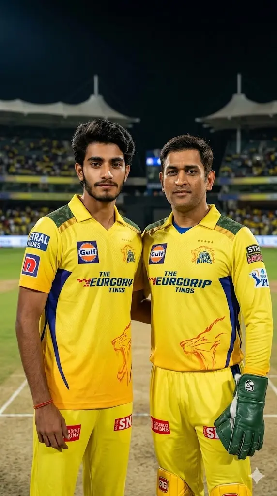 CSK Jersey Gemini Prompt Copy Paste Standing Portrait with Dhoni – Champion Pose Standing Portrait with Dhoni – Champion Pose