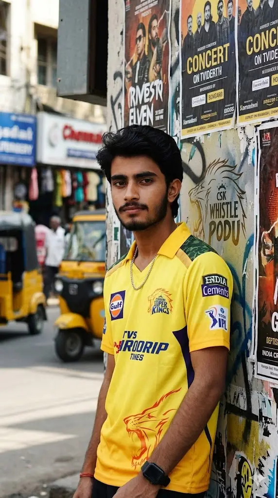 CSK Jersey Gemini Prompt Copy Paste Street Style CSK Fan Portrait Street Style CSK Fan Portrait