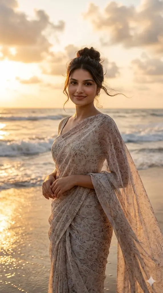Prompt for Gemini AI Girl In Saree 🌸 Copy Paste - Create Beautiful 4K Portraits In Seconds Sunset Beach Saree Elegance Sunset Beach Saree Elegance