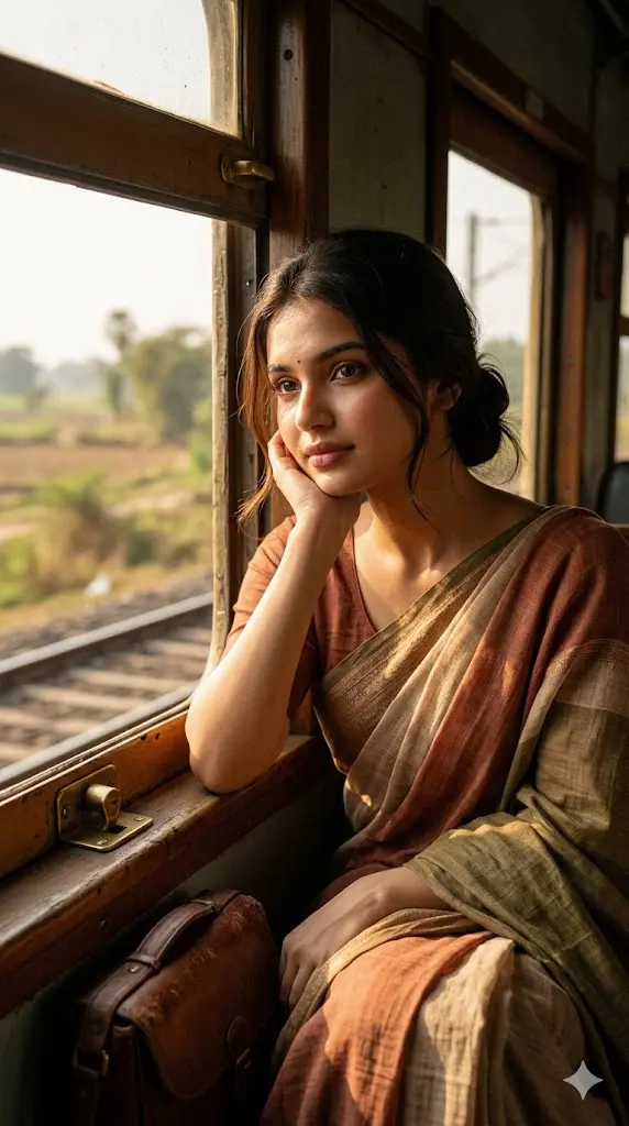 Prompt for Gemini AI Girl In Saree 🌸 Copy Paste - Create Beautiful 4K Portraits In Seconds Vintage Train Window Saree Scene Vintage Train Window Saree Scene