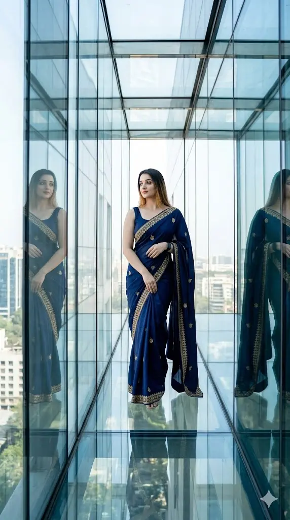 9 Gemini Al Prompts for Luxury Cinematic Saree Designs 2026 - Copy Paste Glass Corridor Reflection Saree Shot Glass Corridor Reflection Saree Shot