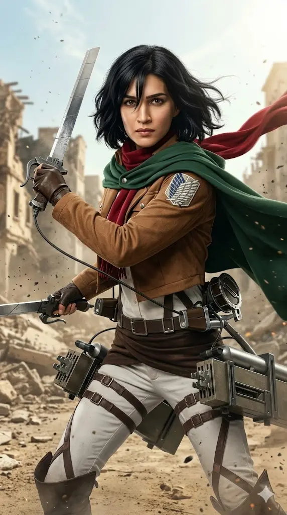 7 Most Popular Attack on Titan Characters Gemini Prompts Mikasa Ackerman Protective Stance Mikasa Ackerman Protective Stance