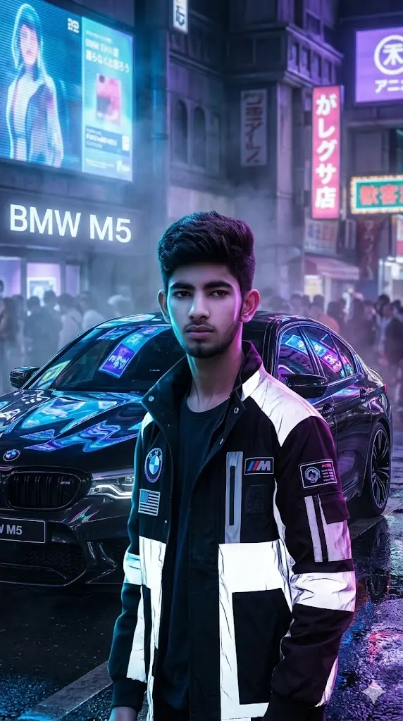 11 Gemini Car Pose Prompt BMW For Boys Copy Paste Neon Cyber Street BMW M5 Portrait Neon Cyber Street BMW M5 Portrait