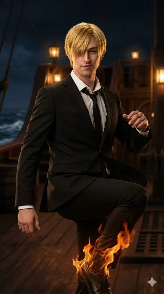 One Piece Most Popular Characters Gemini Prompts Copy Paste Sanji Fire Kick Elegance Pose Sanji Fire Kick Elegance Pose