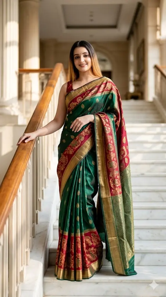 9 Gemini Al Prompts for Luxury Cinematic Saree Designs 2026 - Copy Paste White Marble Staircase Saree Pose White Marble Staircase Saree Pose