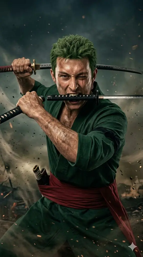 One Piece Most Popular Characters Gemini Prompts Copy Paste Zoro Three Sword Style Intimidation Zoro Three Sword Style Intimidation