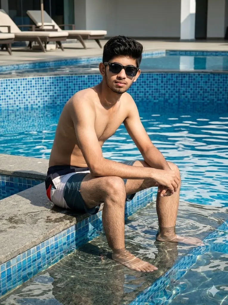 A cinematic ai Prompt showing an Indian man in a swimming pool 