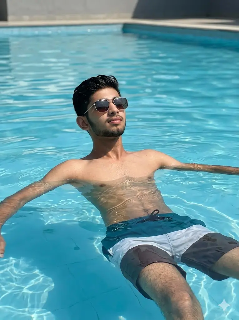 A cinematic ai Prompt showing an Indian man in a swimming pool 