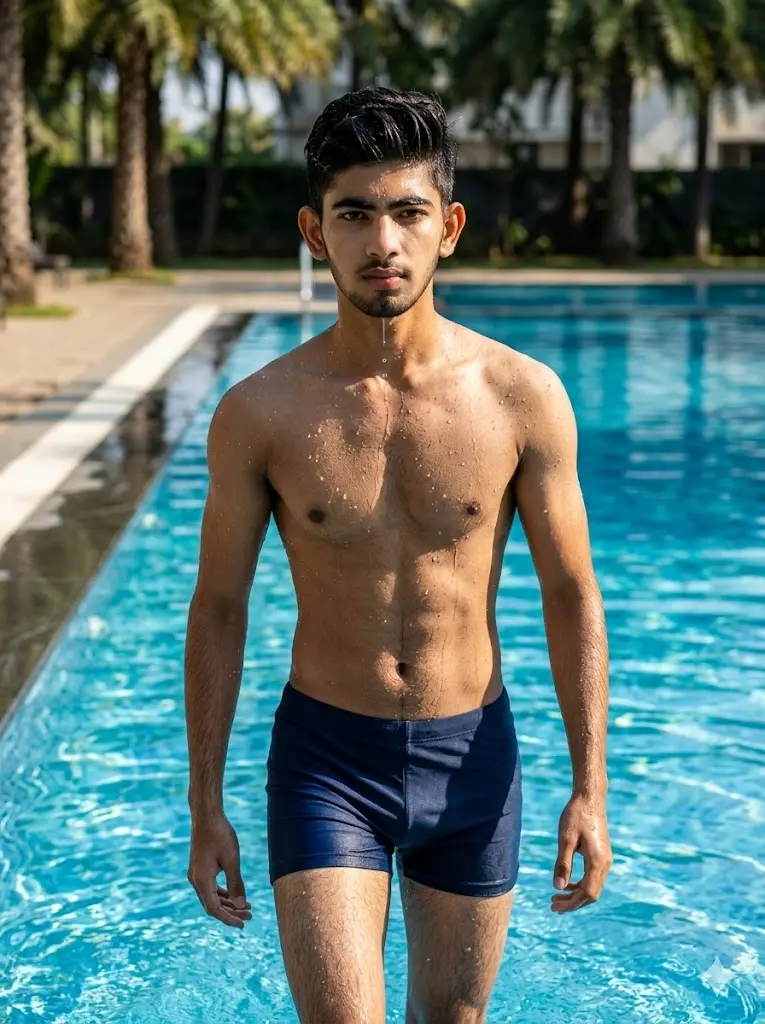 A cinematic ai Prompt showing an Indian man in a swimming pool 