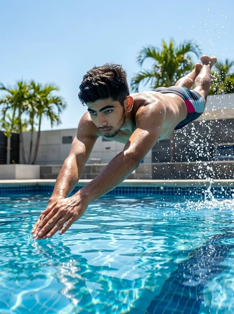 A cinematic ai Prompt showing an Indian man in a swimming pool 