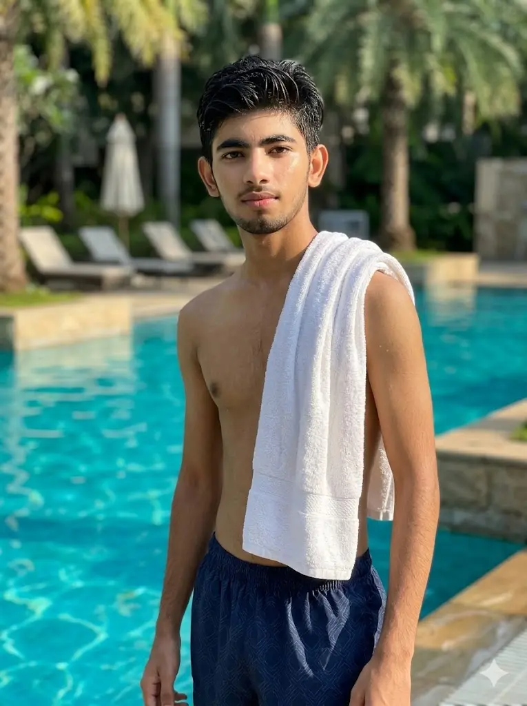A cinematic ai Prompt showing an Indian man in a swimming pool 